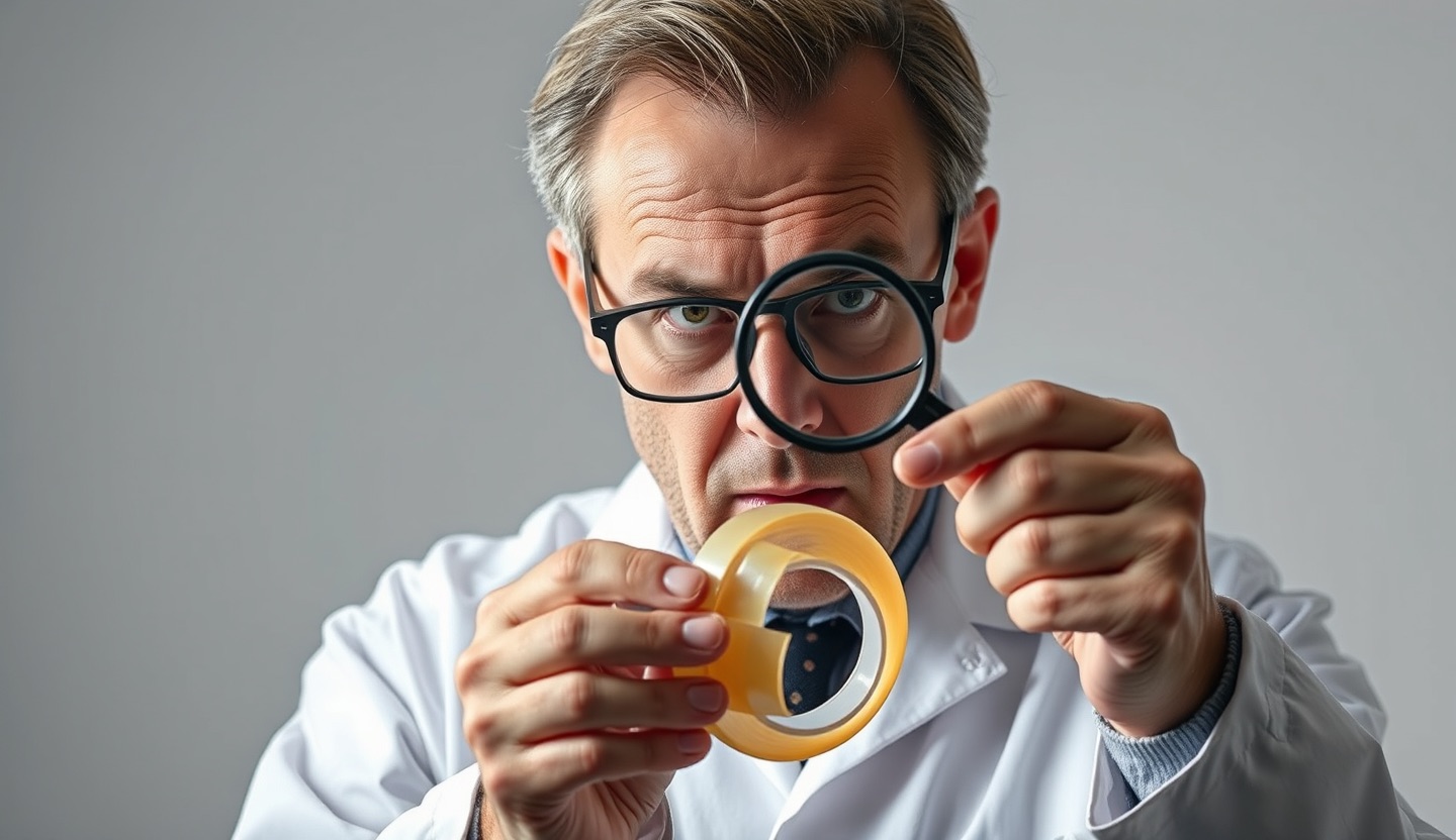A very serious expert in a lab coat examines a roll of transparent tape with a magnifying glass