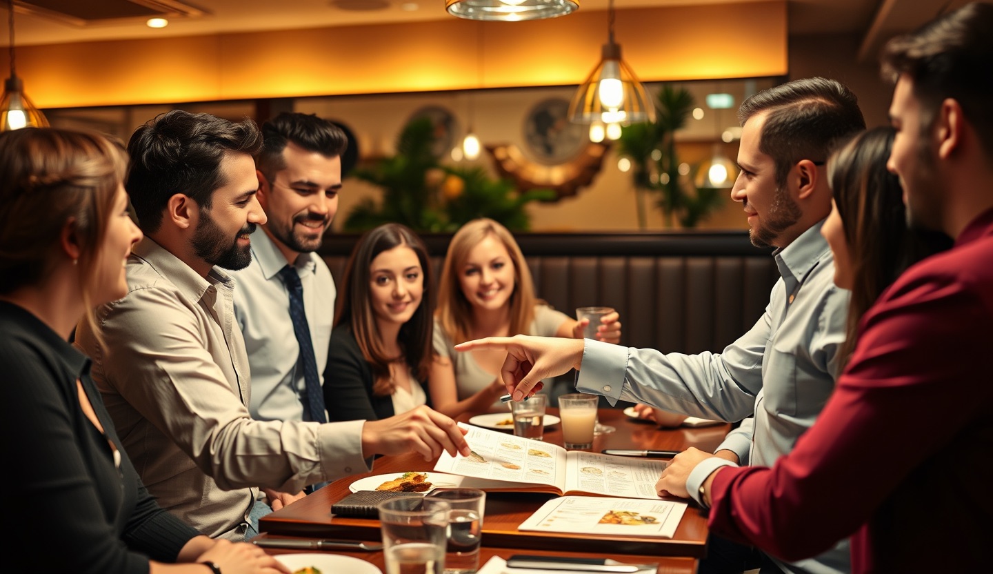 A confident consultant points at a restaurant menu while eight friends look at him in a warm restaurant